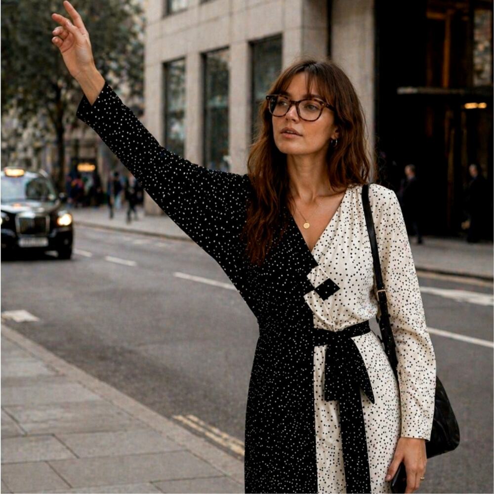 Flora Kung New York 8 100% Silk Polka Dot Dolman Sleeve Dress Black Cream 1980s - Picture 7 of 13